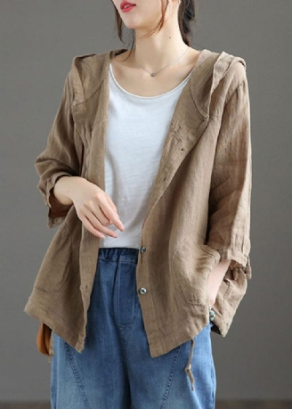 Handgjorda Dark Khaki Pockets Patchwork Linne Tunn Hoodie Coat Sommar