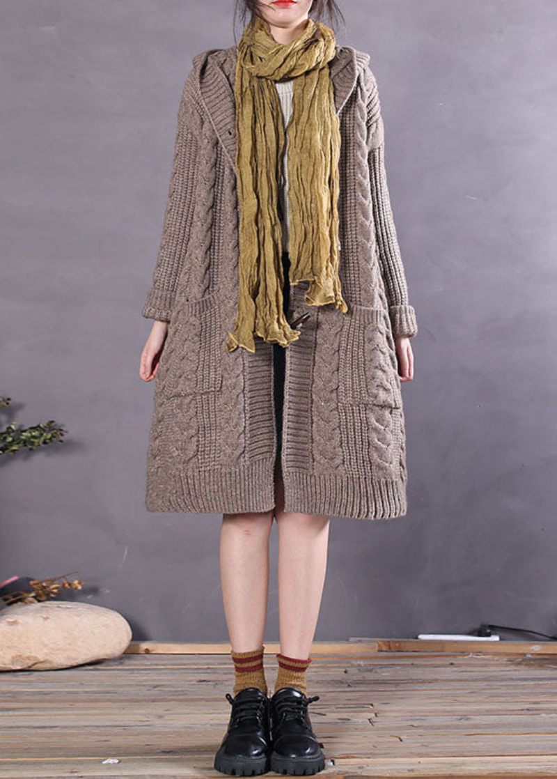 Handgjorda Khaki Hooded Button Woolen Cardigans Spring