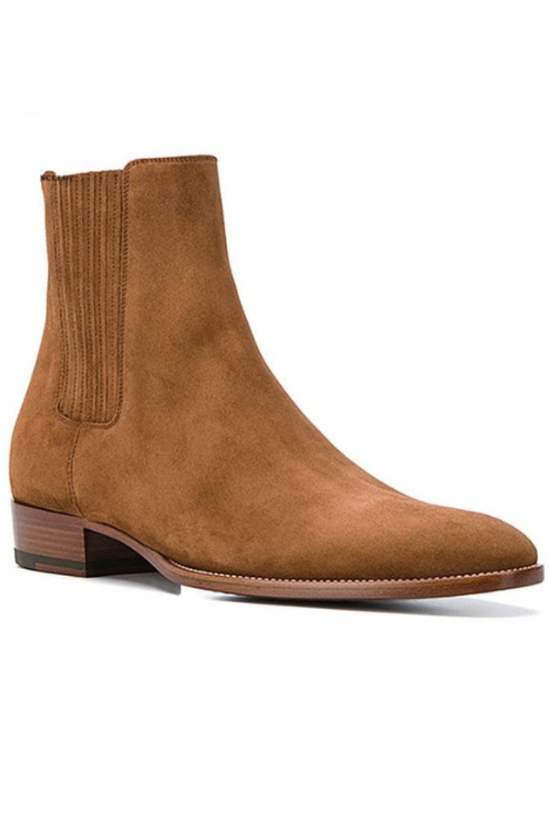 Handgjorda Kil Spetsiga Tå Företag High End Casual Chelsea Boots Mocka Brun Man Designer Läder