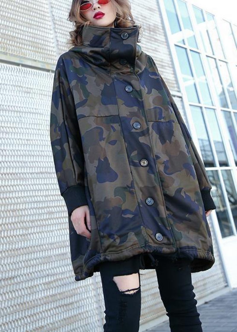 Handgjorda Knappfickor Fin Kappa För Kvinna Camouflage Silhouette Coat