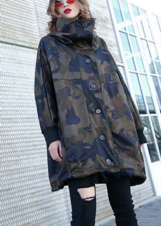 Handgjorda Knappfickor Fin Kappa För Kvinna Camouflage Silhouette Coat