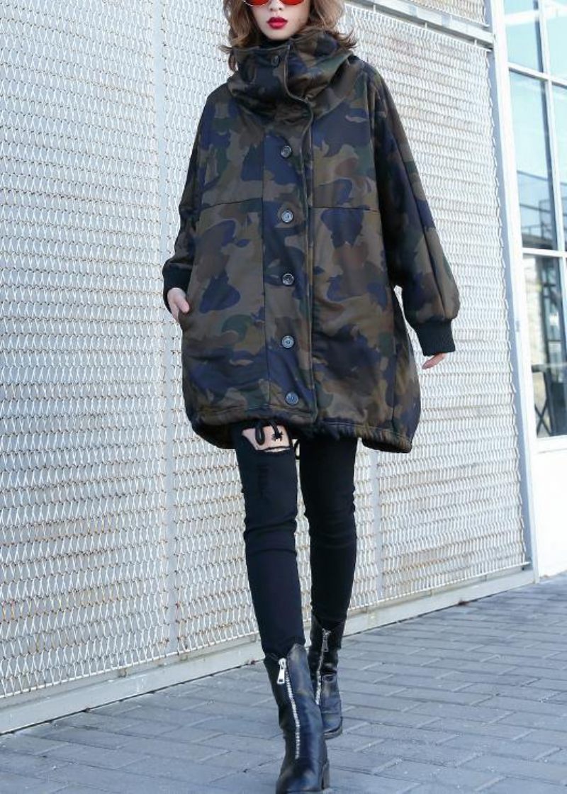 Handgjorda Knappfickor Fin Kappa För Kvinna Camouflage Silhouette Coat - Grå