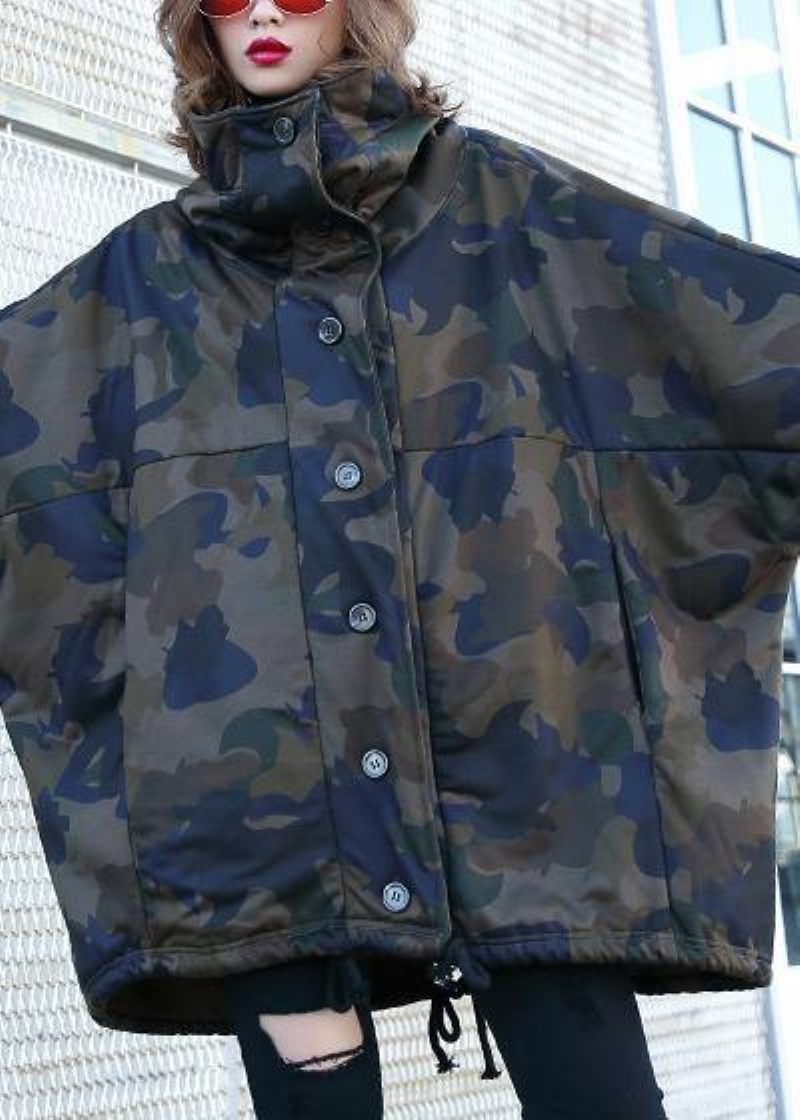 Handgjorda Knappfickor Fin Kappa För Kvinna Camouflage Silhouette Coat - Grå