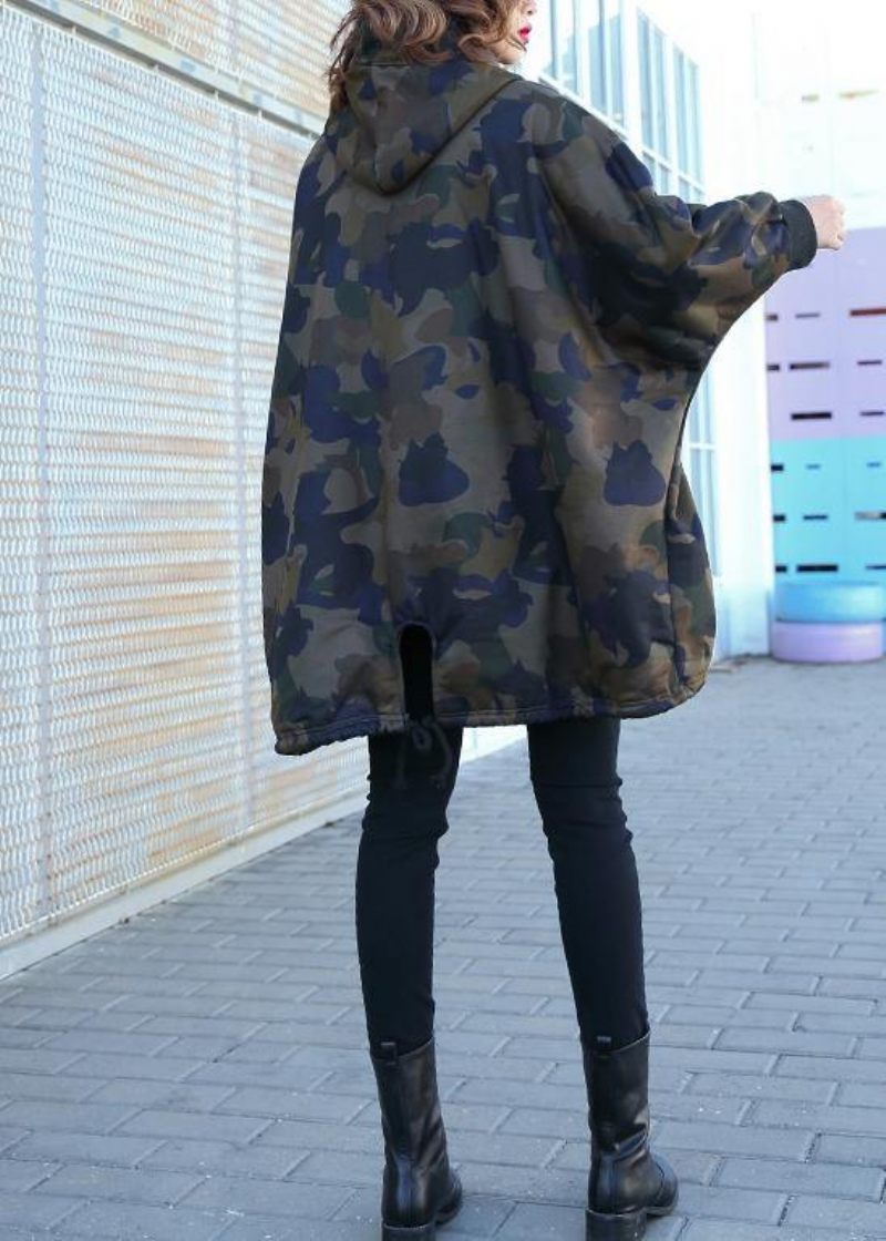 Handgjorda Knappfickor Fin Kappa För Kvinna Camouflage Silhouette Coat - Grå