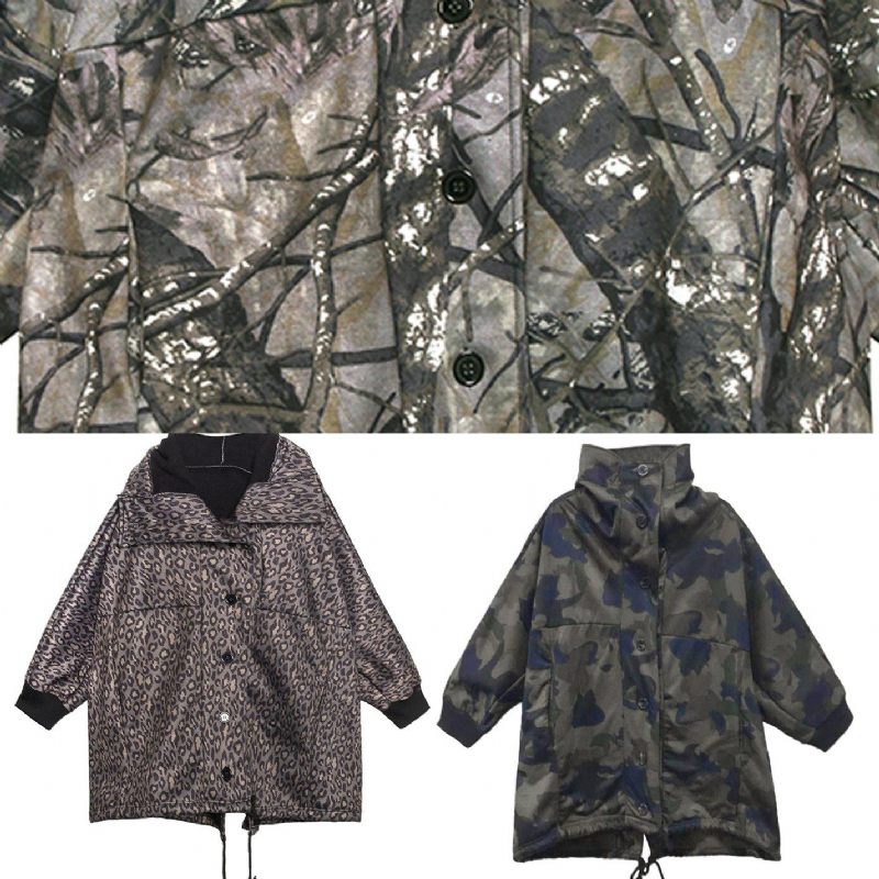 Handgjorda Knappfickor Fin Kappa För Kvinna Camouflage Silhouette Coat - Grå