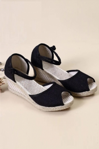 Handgjorda Kvinnor Vanligt Linne Peep Toe Sandaler Plattform 5 cm Klack Komfort Bohemian Dam Sommarskor