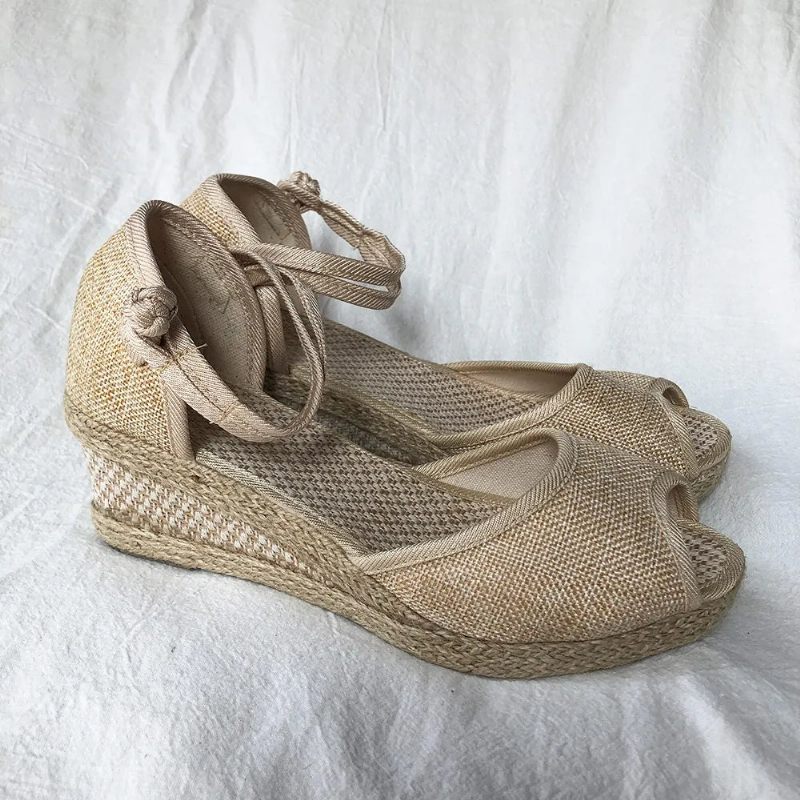 Handgjorda Kvinnor Vanligt Linne Peep Toe Sandaler Plattform 5 cm Klack Komfort Bohemian Dam Sommarskor - Beige