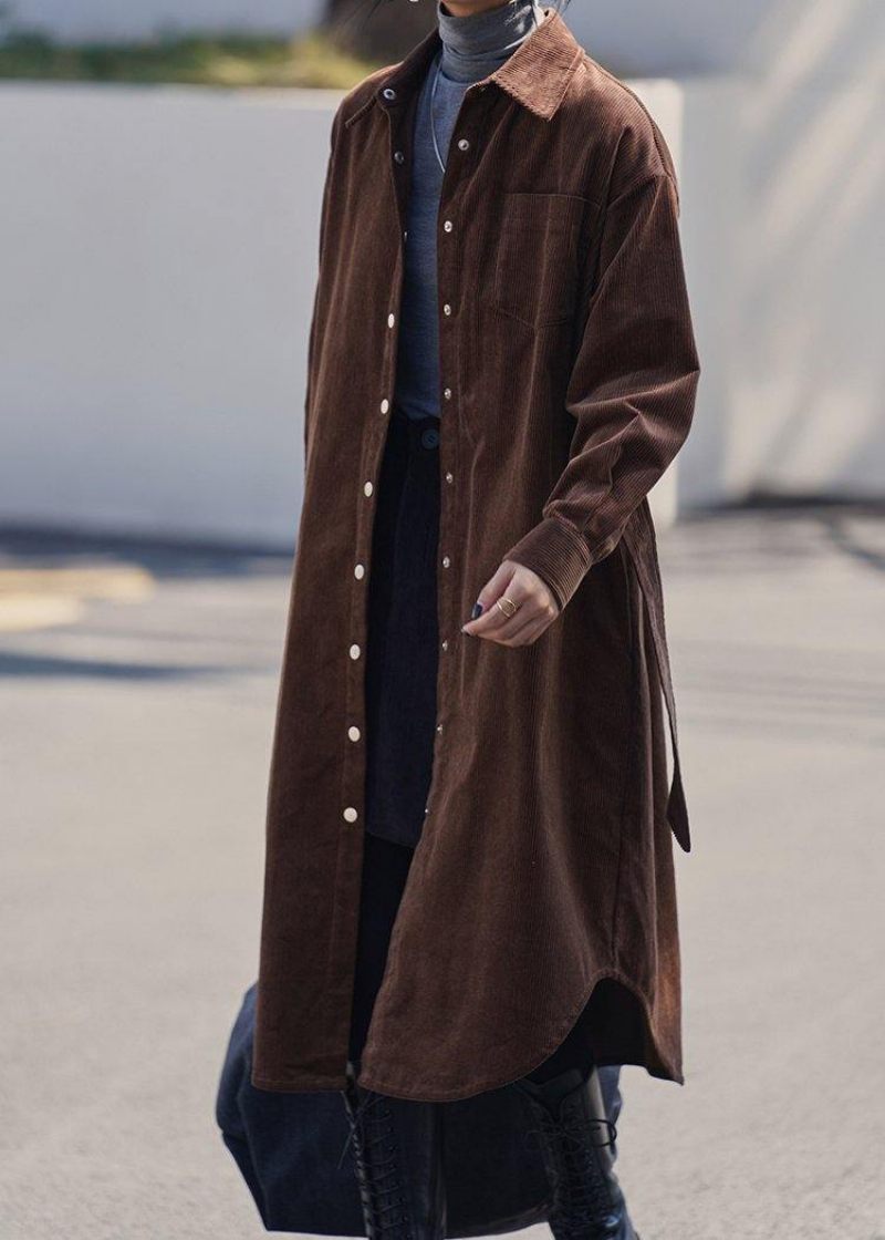 Handgjorda Lapel Button Down Trenchcoat Choklad Midi Coat