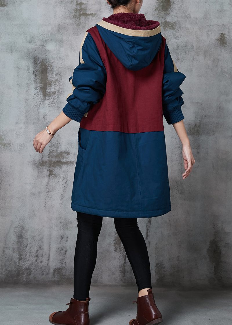 Handgjorda Navy Hooded Patchwork-fickor Fina Bomullsfyllda Kappor Vinter - Vinterkappor för kvinnor