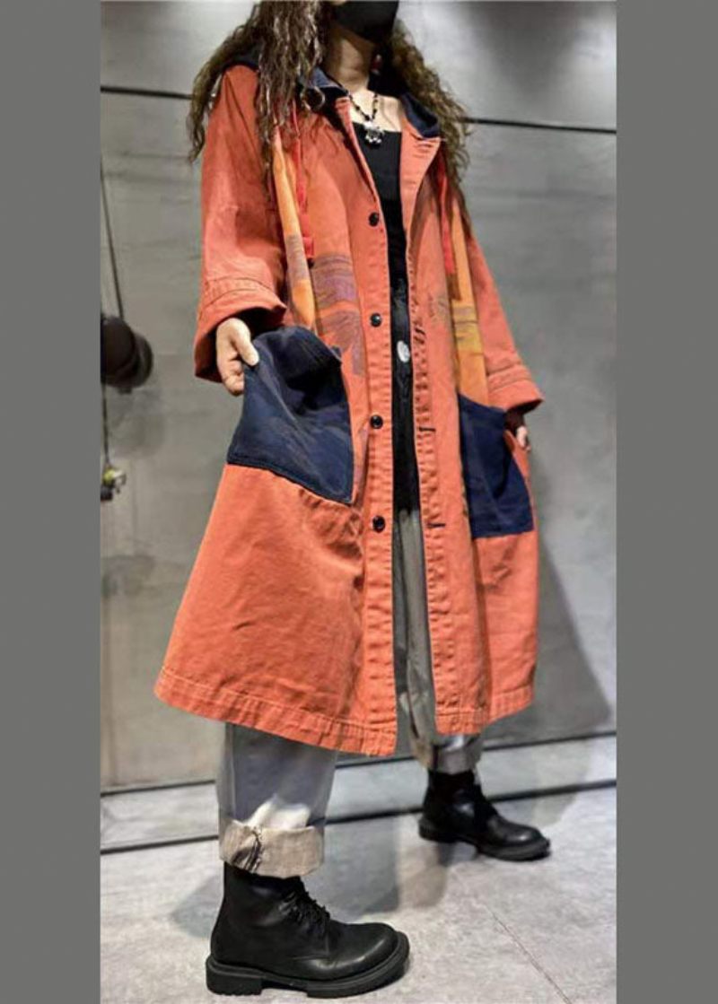 Handgjorda Orange Fickor Knapp Casual Fall Denim Långärmad Kappa - Orange