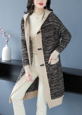 Handgjorda Svarta Fickor Knapp Patchwork Stickad Hoodie Coat Fall