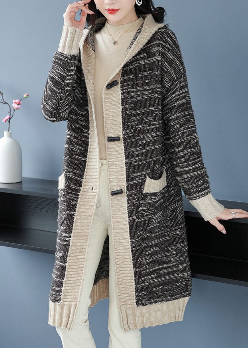 Handgjorda Svarta Fickor Knapp Patchwork Stickad Hoodie Coat Fall - Koftor för kvinnor