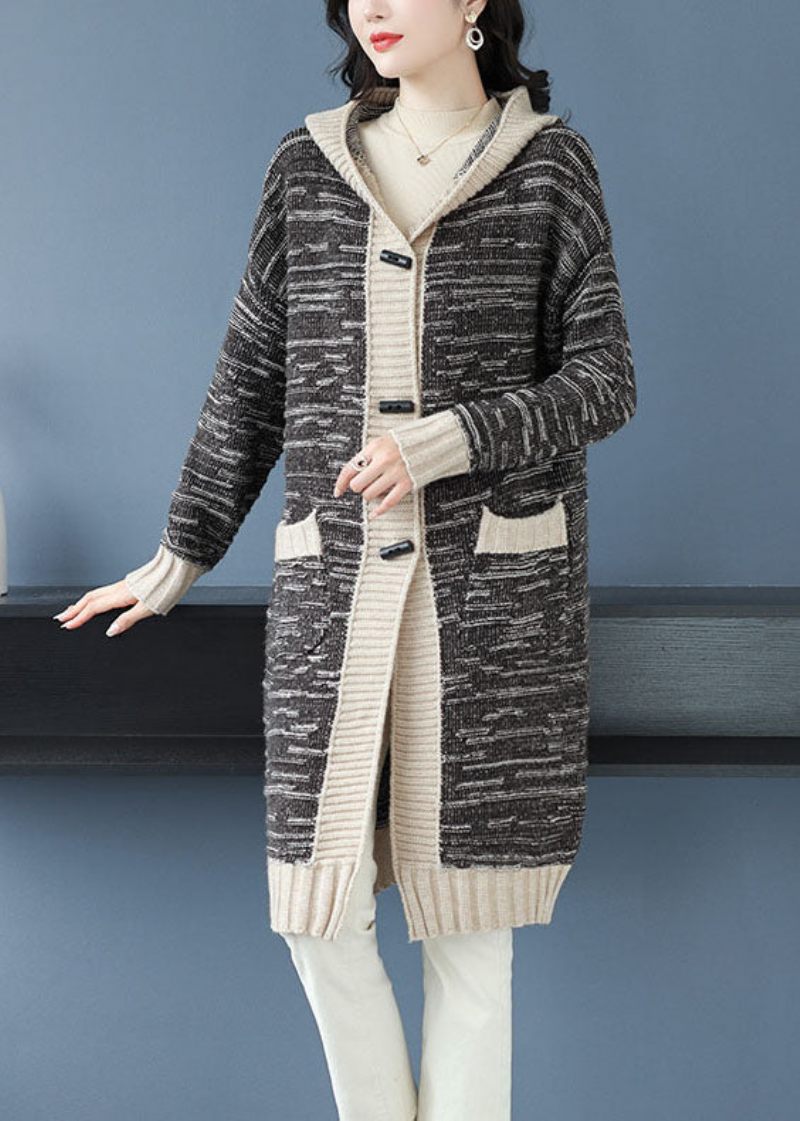 Handgjorda Svarta Fickor Knapp Patchwork Stickad Hoodie Coat Fall - Koftor för kvinnor