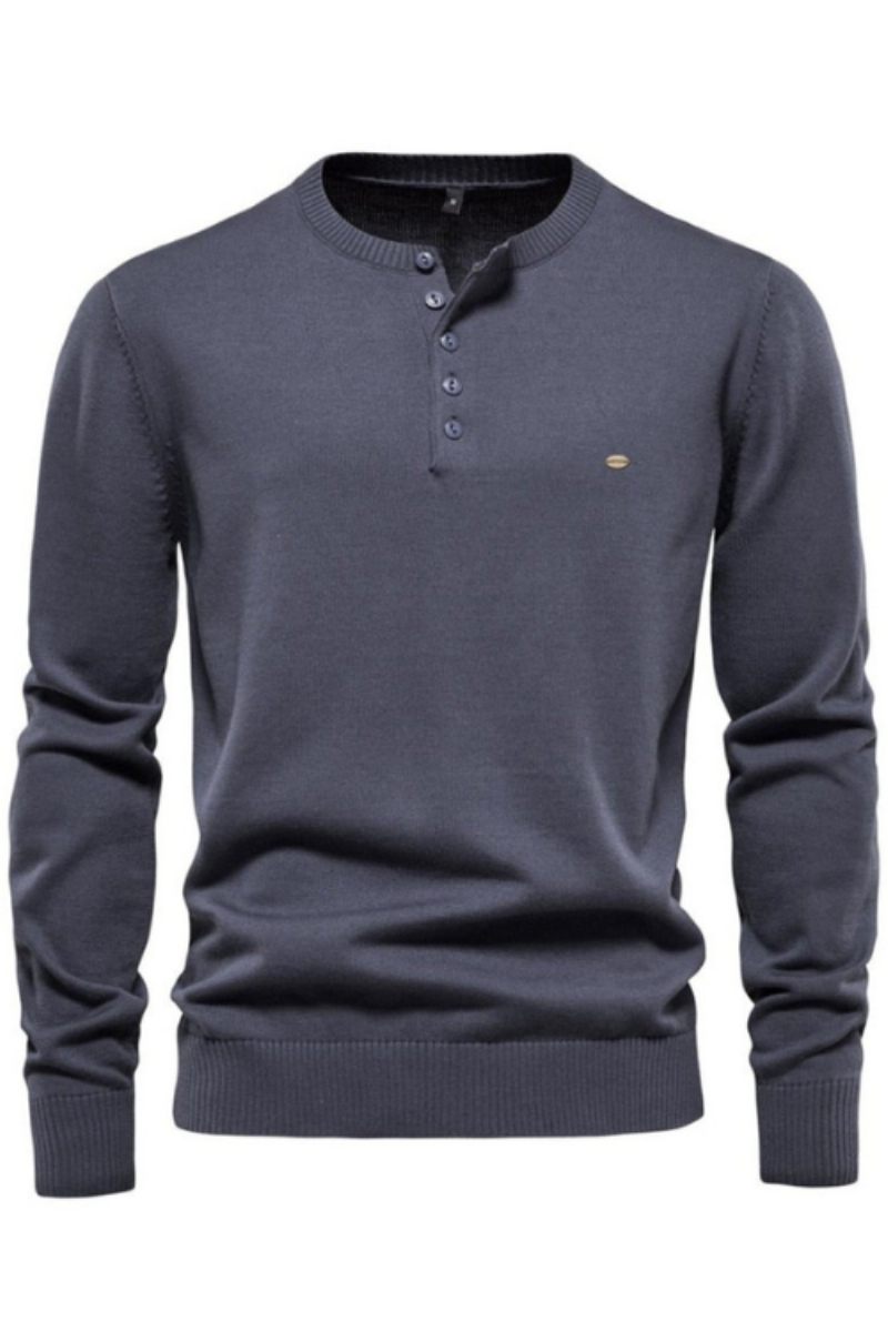 Henley Collar Herrtröjor 100 % Bomull Enfärgad Casual Nya Höst Tunna Högkvalitativa Tröjor För Herr