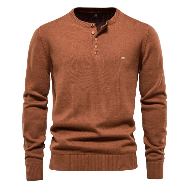 Henley Collar Herrtröjor 100 % Bomull Enfärgad Casual Nya Höst Tunna Högkvalitativa Tröjor För Herr - Blå