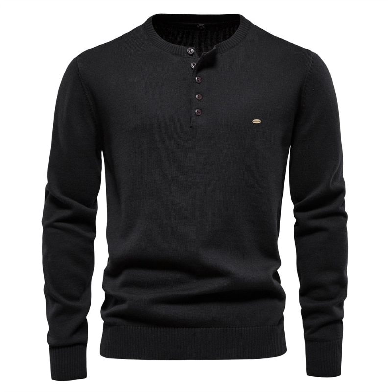 Henley Collar Herrtröjor 100 % Bomull Enfärgad Casual Nya Höst Tunna Högkvalitativa Tröjor För Herr - Blå