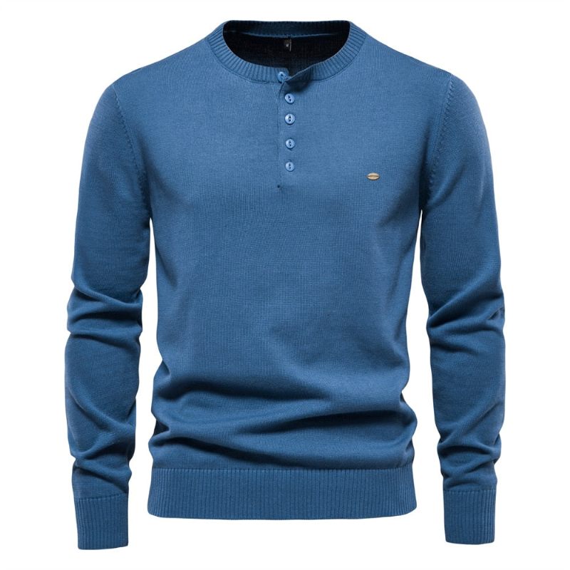 Henley Collar Herrtröjor 100 % Bomull Enfärgad Casual Nya Höst Tunna Högkvalitativa Tröjor För Herr - Blå