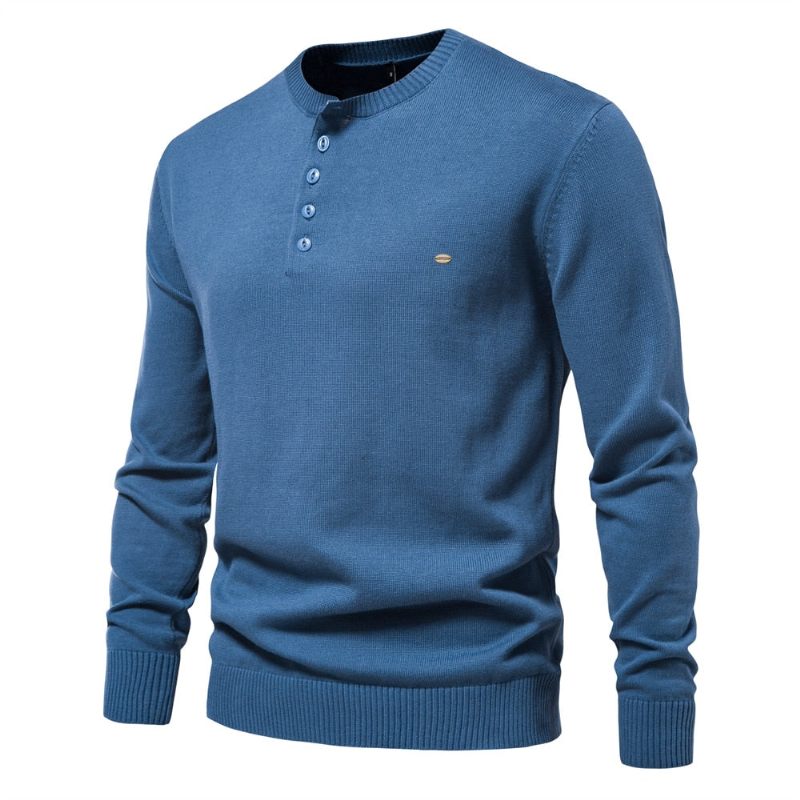 Henley Collar Herrtröjor 100 % Bomull Enfärgad Casual Nya Höst Tunna Högkvalitativa Tröjor För Herr - Blå