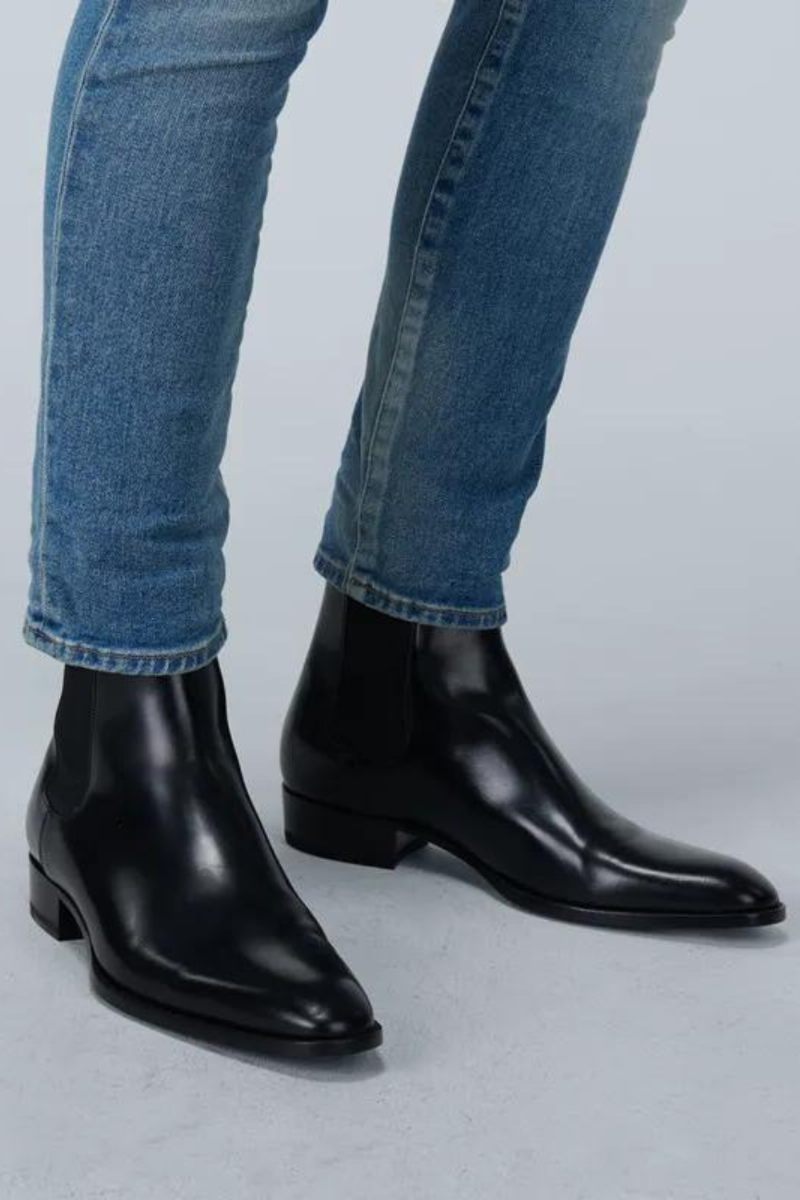 Herr Chelsea Boots Handgjorda Svarta Business Casual Klassiska Mellanklackade Herrstövlar