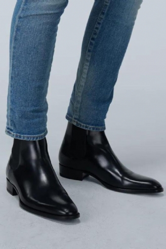 Herr Chelsea Boots Handgjorda Svarta Business Casual Klassiska Mellanklackade Herrstövlar