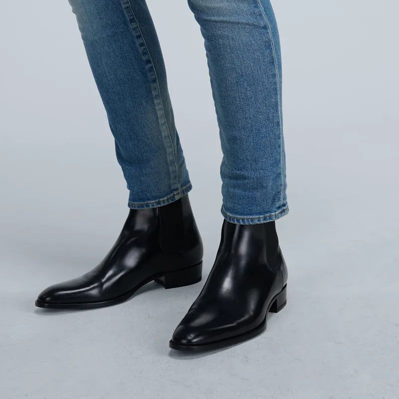 Herr Chelsea Boots Handgjorda Svarta Business Casual Klassiska Mellanklackade Herrstövlar - Svart