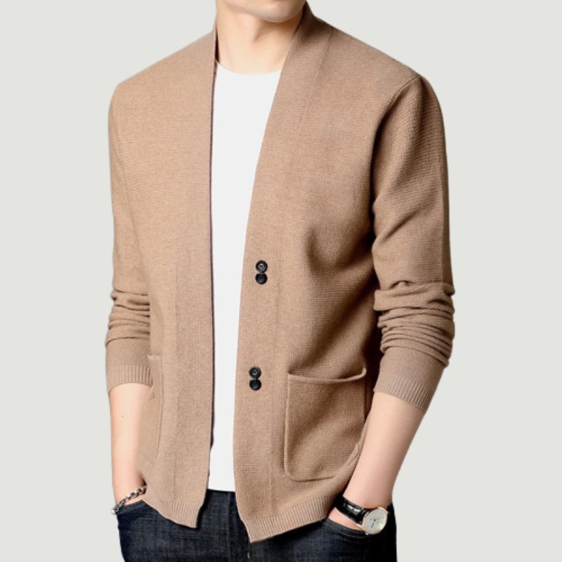 Herrtröja Cardigan Business Gentleman Casual Solida Fickor Bekväm Passform Stickjackor Man Kappa Kläder - Svart