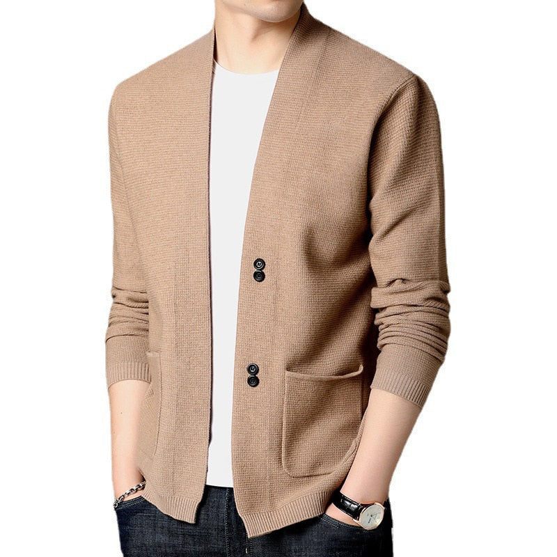 Herrtröja Cardigan Business Gentleman Casual Solida Fickor Bekväm Passform Stickjackor Man Kappa Kläder - Svart