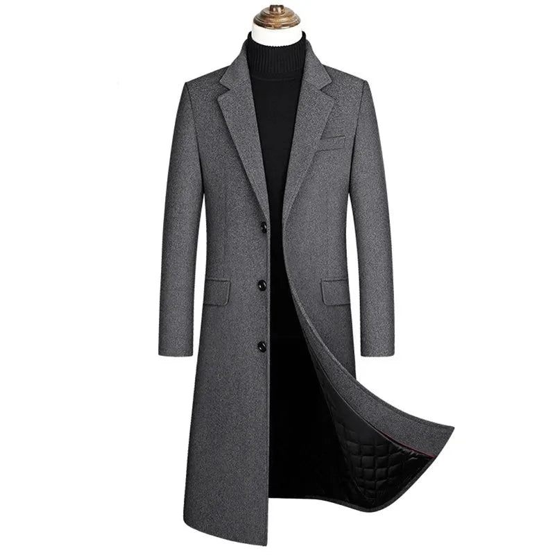 Höst Och Vinter Boutique Ylle Klassisk Tjock Varm Herr Extra Lång Trench Coat Man Jacka - Grå