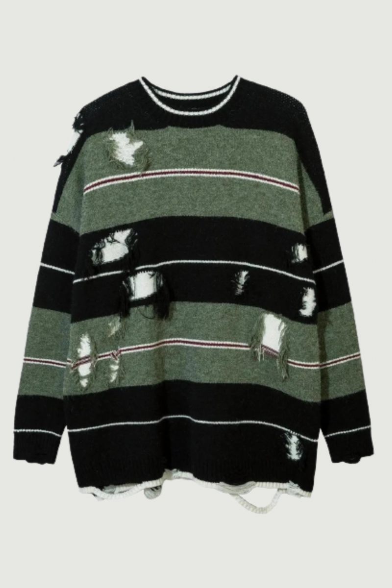 Höst Streetwear Hollow Out Stripe Hålstickad Tröja Pullover Oversize Lösstickad Topp