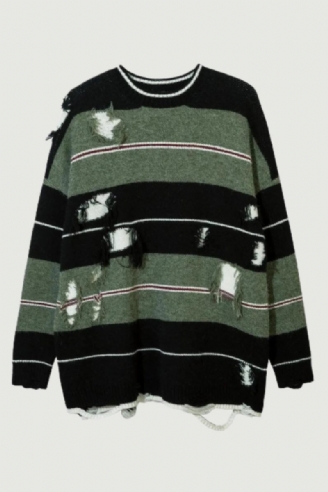 Höst Streetwear Hollow Out Stripe Hålstickad Tröja Pullover Oversize Lösstickad Topp