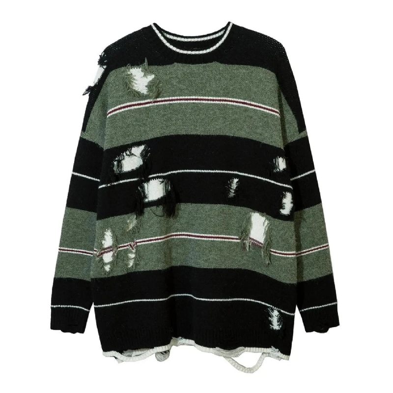 Höst Streetwear Hollow Out Stripe Hålstickad Tröja Pullover Oversize Lösstickad Topp - Matchagreen