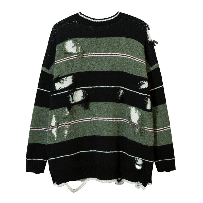 Höst Streetwear Hollow Out Stripe Hålstickad Tröja Pullover Oversize Lösstickad Topp - Matchagreen