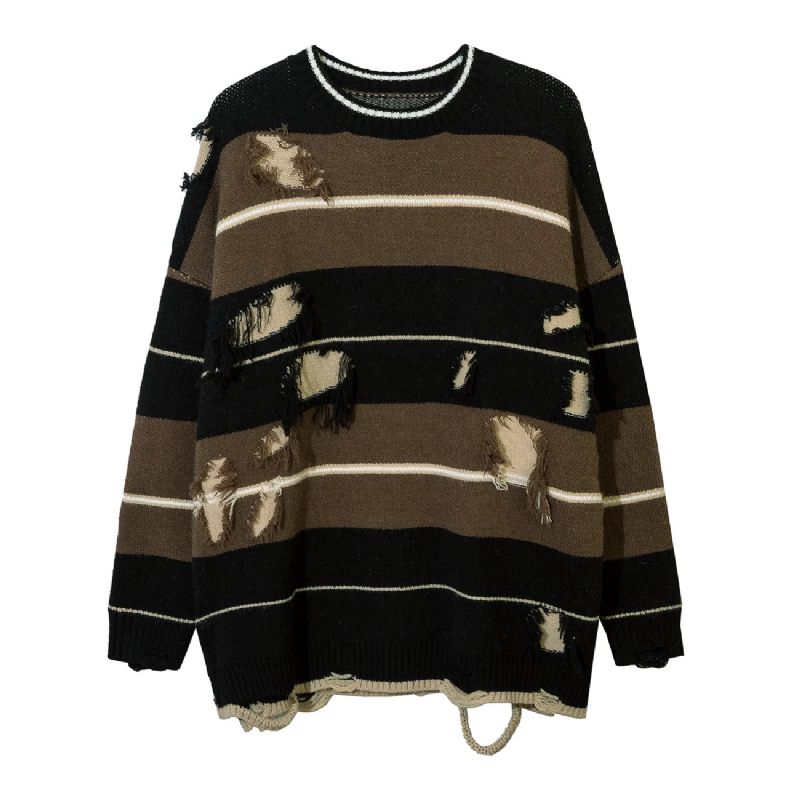 Höst Streetwear Hollow Out Stripe Hålstickad Tröja Pullover Oversize Lösstickad Topp - Matchagreen