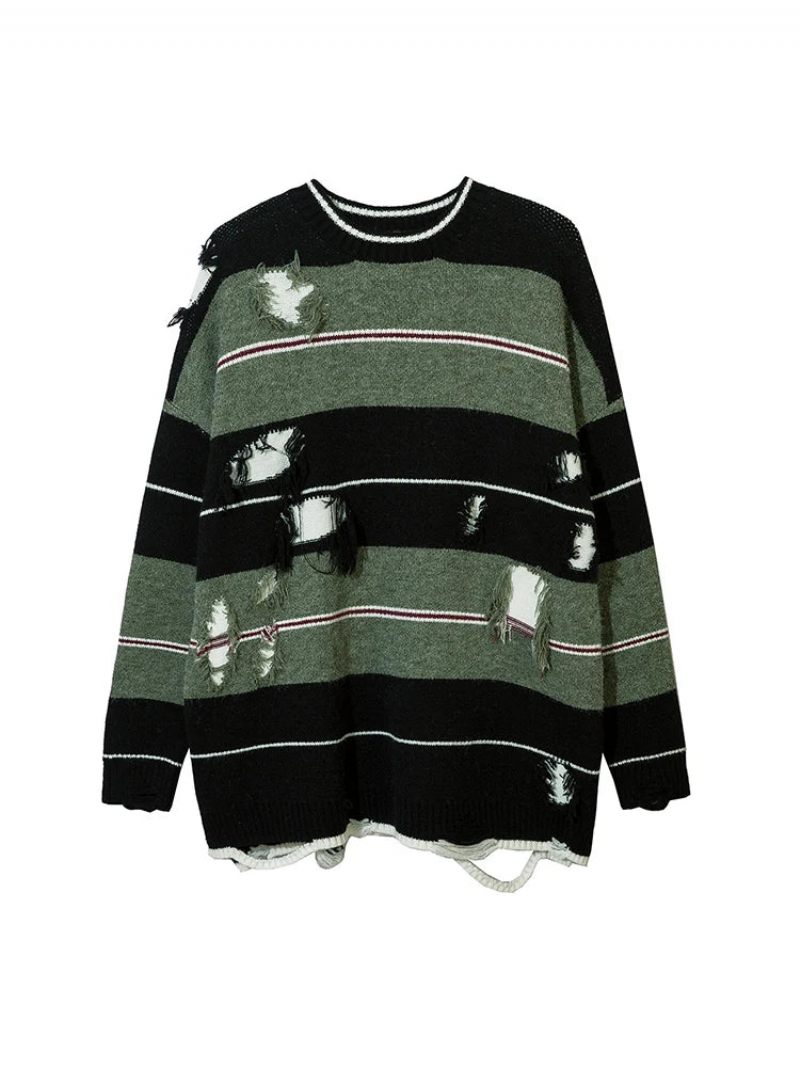 Höst Streetwear Hollow Out Stripe Hålstickad Tröja Pullover Oversize Lösstickad Topp - Matchagreen