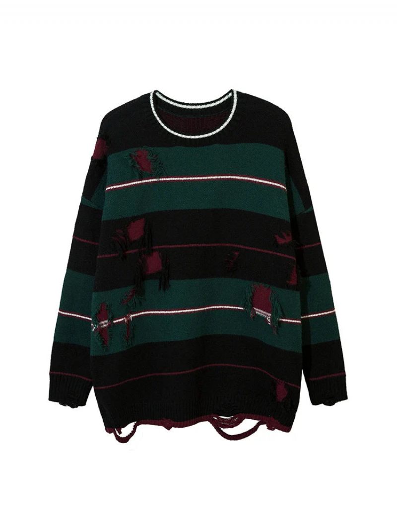 Höst Streetwear Hollow Out Stripe Hålstickad Tröja Pullover Oversize Lösstickad Topp - Matchagreen