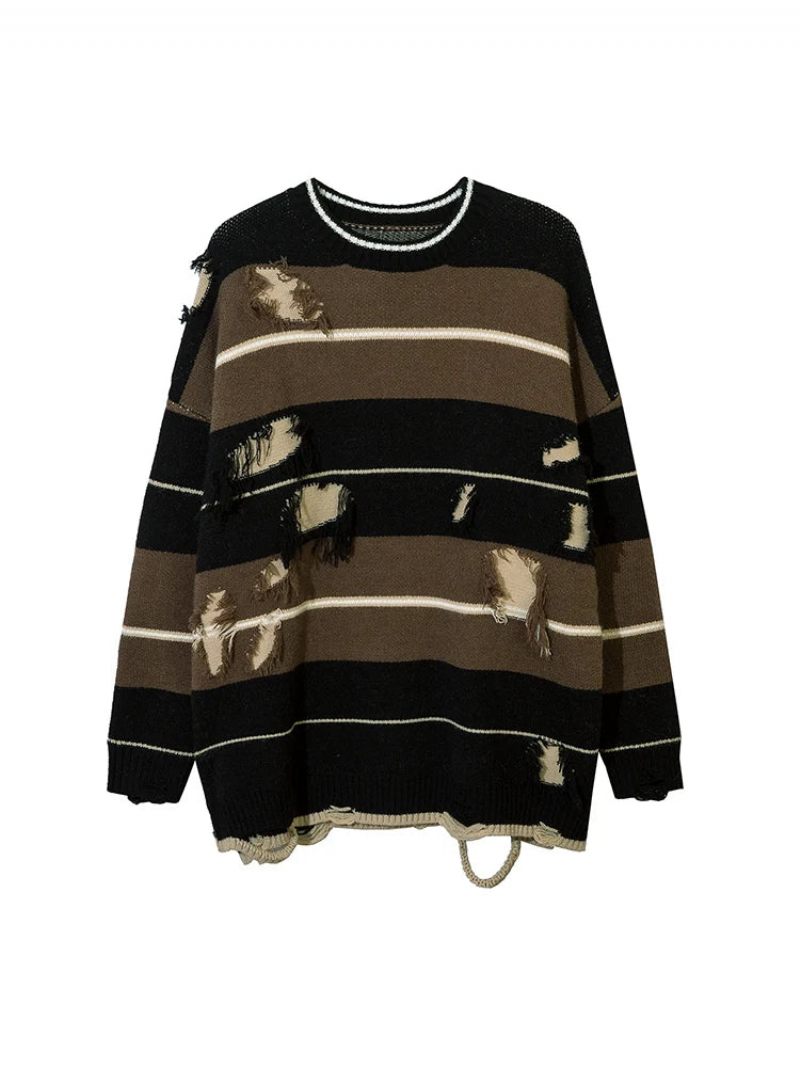 Höst Streetwear Hollow Out Stripe Hålstickad Tröja Pullover Oversize Lösstickad Topp - Matchagreen