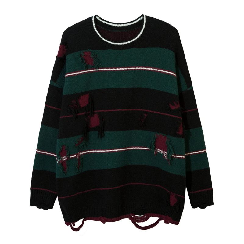 Höst Streetwear Hollow Out Stripe Hålstickad Tröja Pullover Oversize Lösstickad Topp - Matchagreen