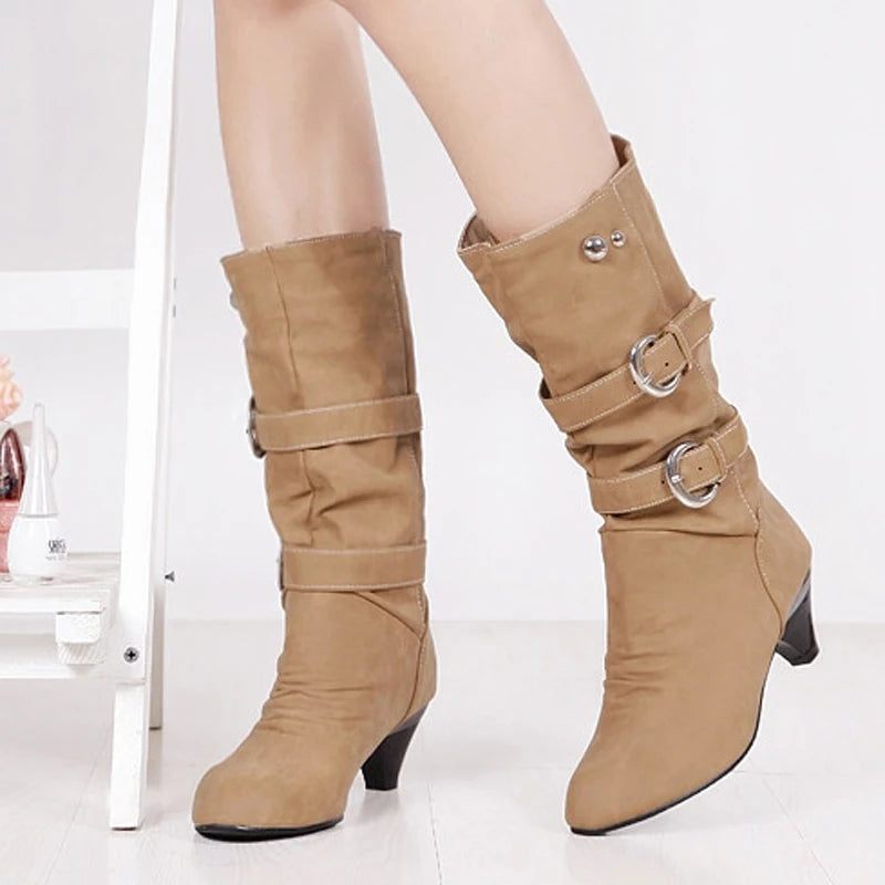 Höst Vinter Läder Spänne Chunky Heels Mid Calf Boots Rund Toe Slip On Casual Dam Sko - Gul