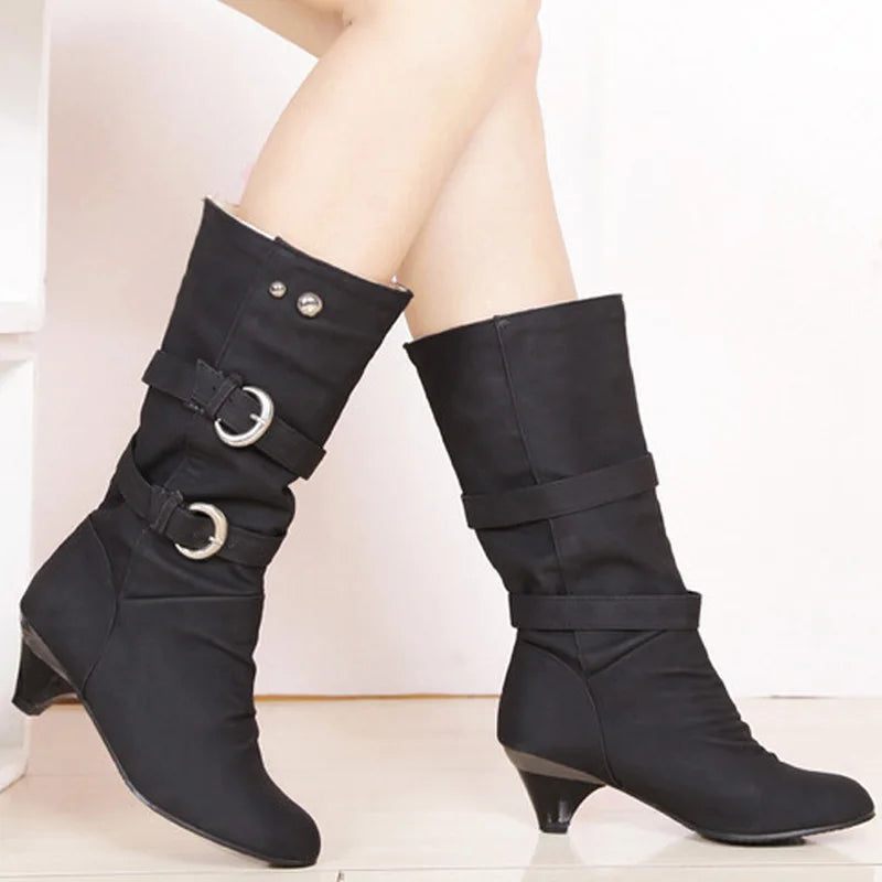 Höst Vinter Läder Spänne Chunky Heels Mid Calf Boots Rund Toe Slip On Casual Dam Sko - Gul