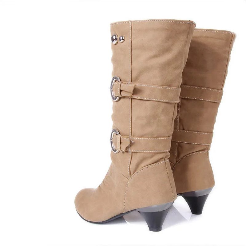 Höst Vinter Läder Spänne Chunky Heels Mid Calf Boots Rund Toe Slip On Casual Dam Sko - Gul