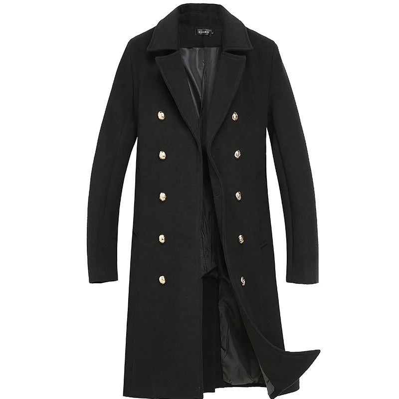 Höst Vinter Medellång Jacka Förtjockad Yllerock Lös Casual Dubbelknäppt Trench Coat - Svart