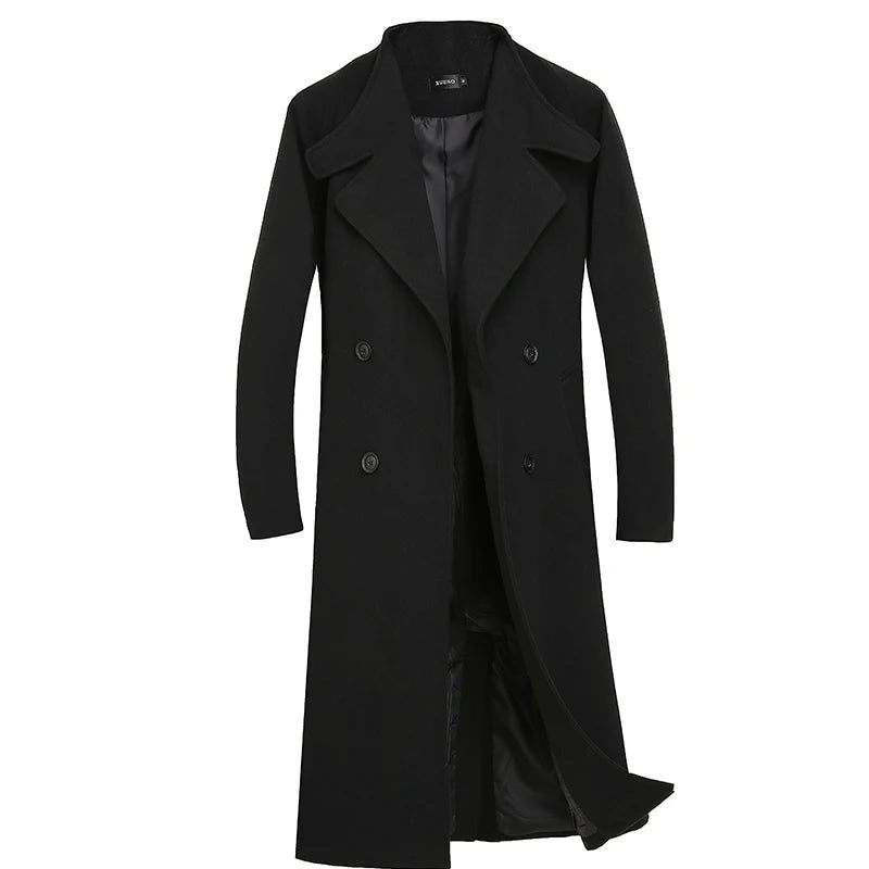 Höst Vinter Medellång Jacka Förtjockad Yllerock Lös Casual Dubbelknäppt Trench Coat - Svart