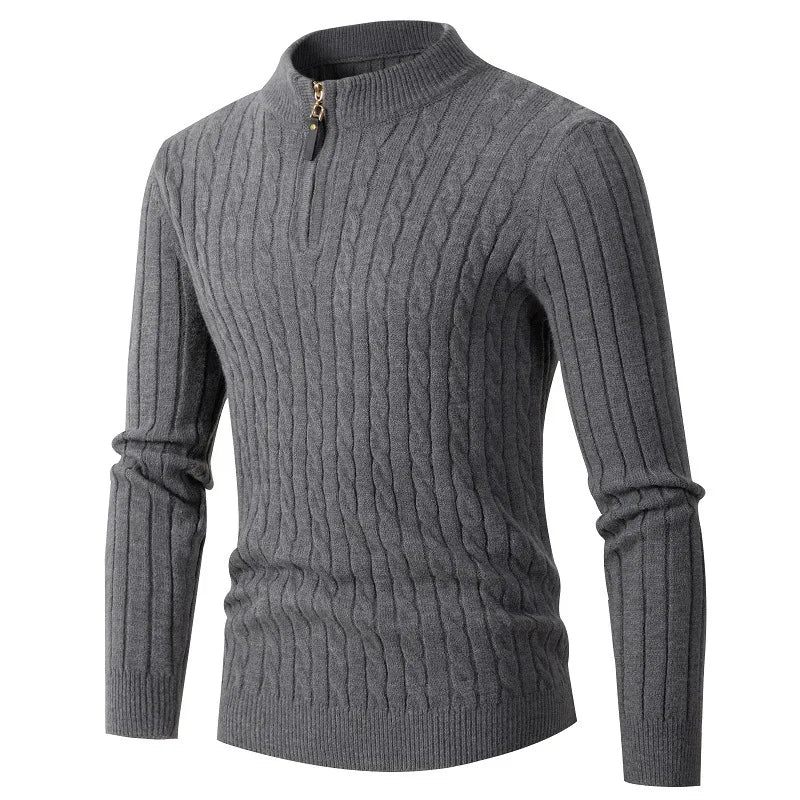 Höst-vintertröja Herr Enfärgad Halv Turtleneck Zip Stickade Tröjor Mode Causal Slim Fit Pullover Herrtröjor Svart Grå - Grå