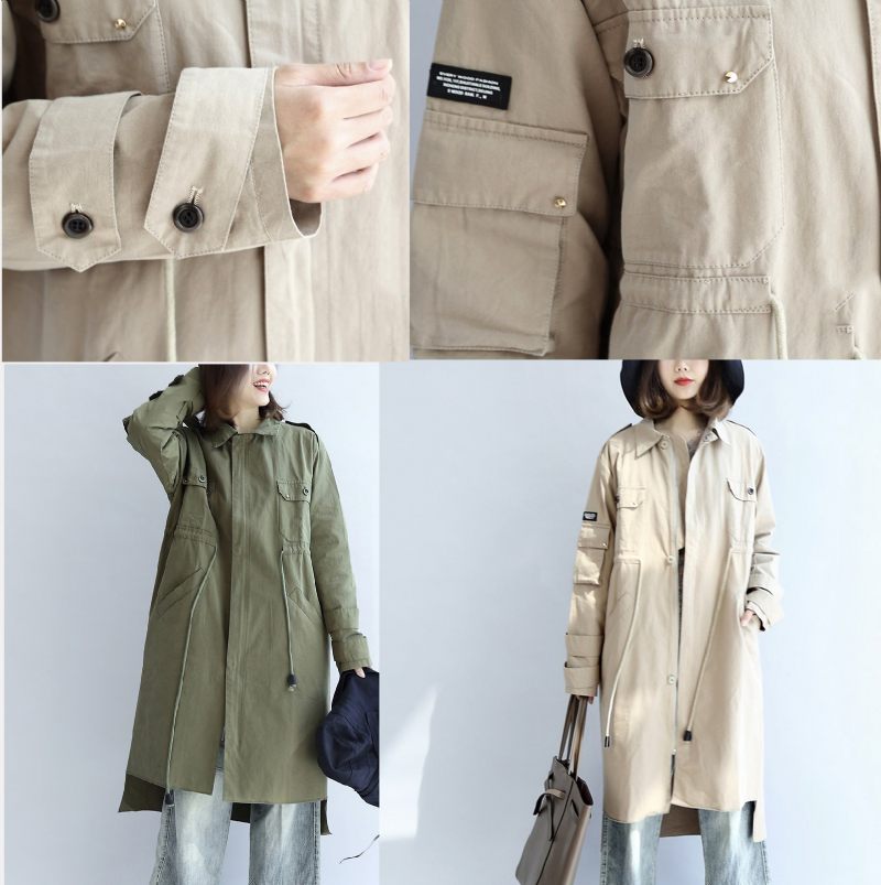 Hösten Beige Bomull Trenchcoat Knyt Midjan Lösa Fickor Lapel Parkas - Grön