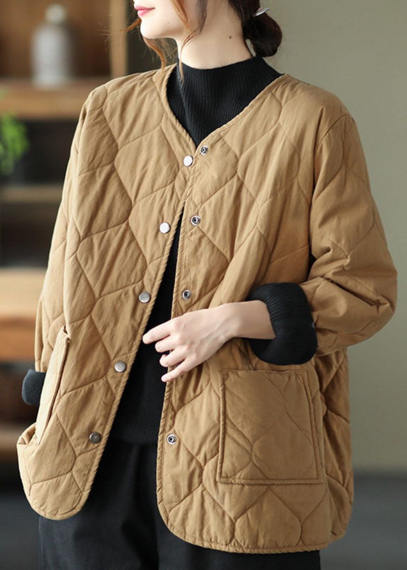 Hot Khaki O-neck Fickor Knapp Vinterrockar Parkas