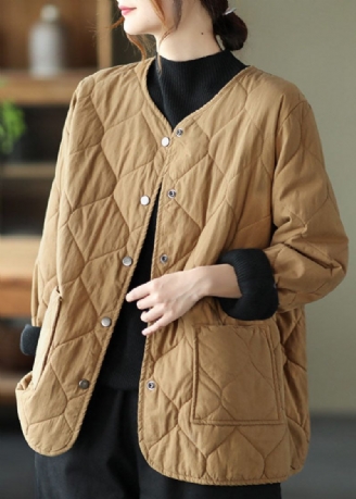 Hot Khaki O-neck Fickor Knapp Vinterrockar Parkas