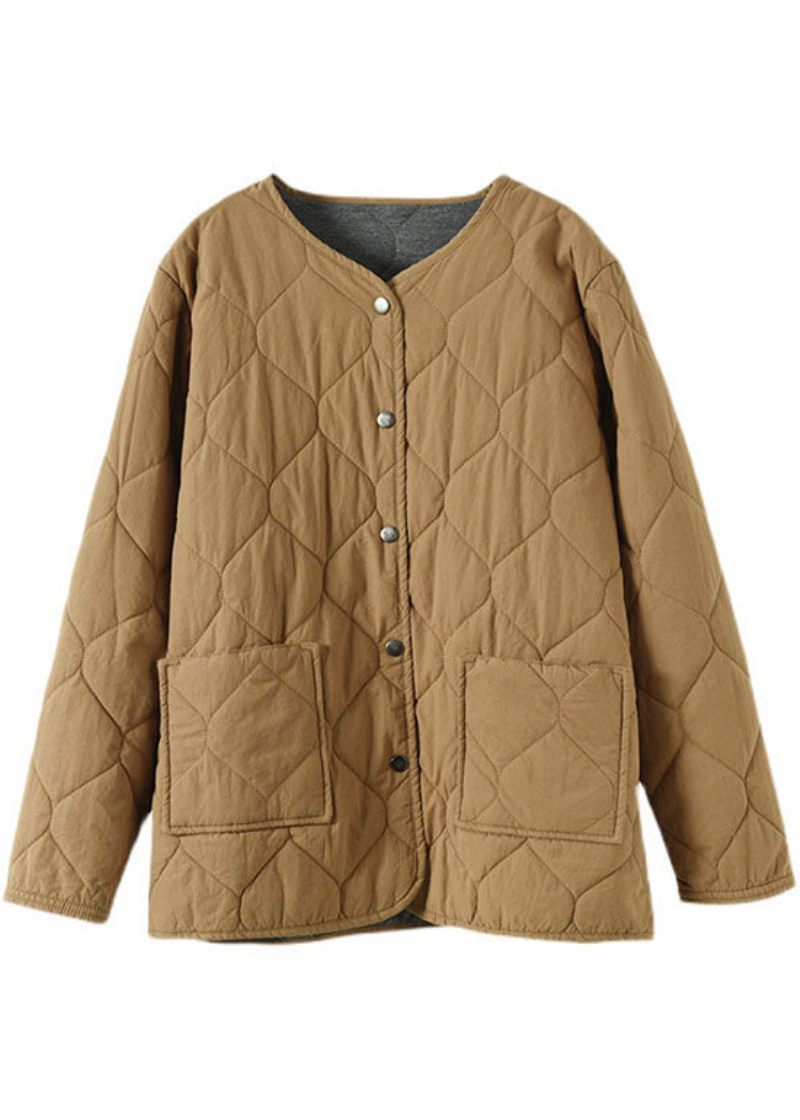 Hot Khaki O-neck Fickor Knapp Vinterrockar Parkas - Kaki