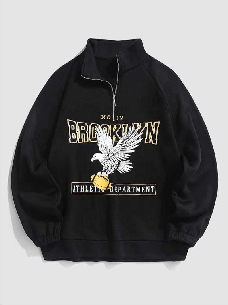 Huvtröjor För Män Fleecefoder Brooklyn Eagle Grafisk Tröja Unisex Turtleneck Luvtröja Dragkedja Streetwear Pullover Sweats - Svart