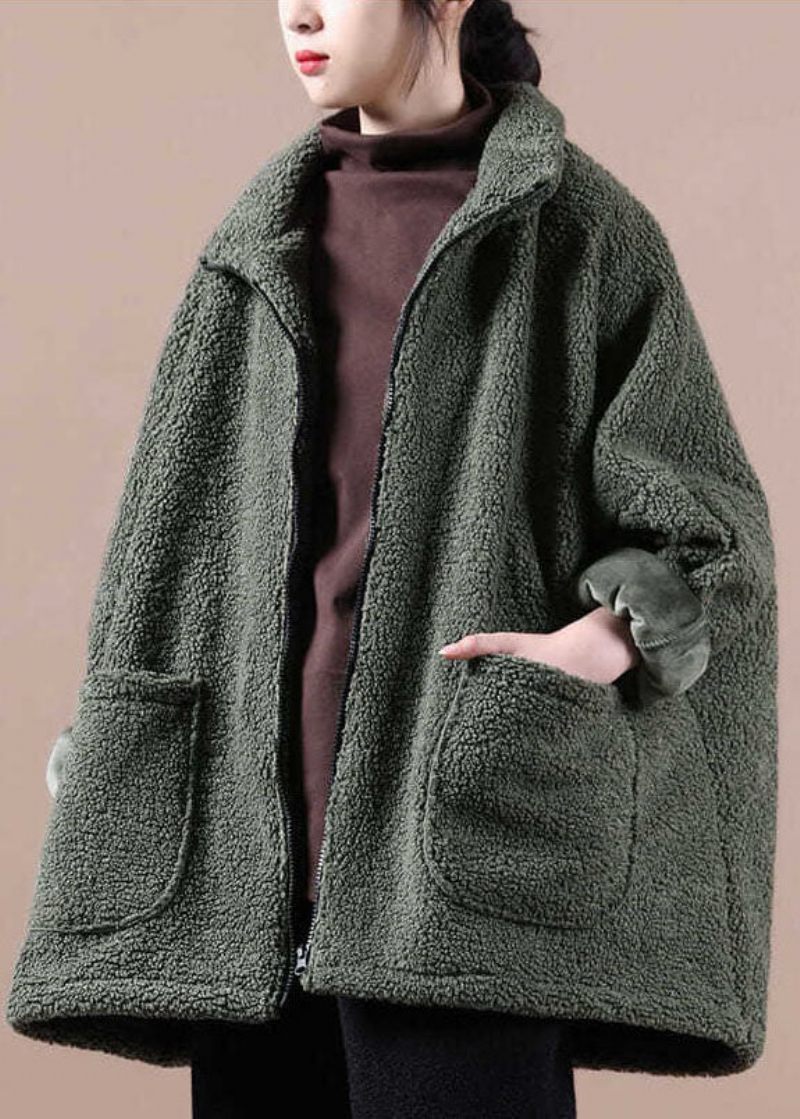 Italiensk Armégrön Oversize Dragkedja Teddy Fuskpälsjacka Vinter - Army Green