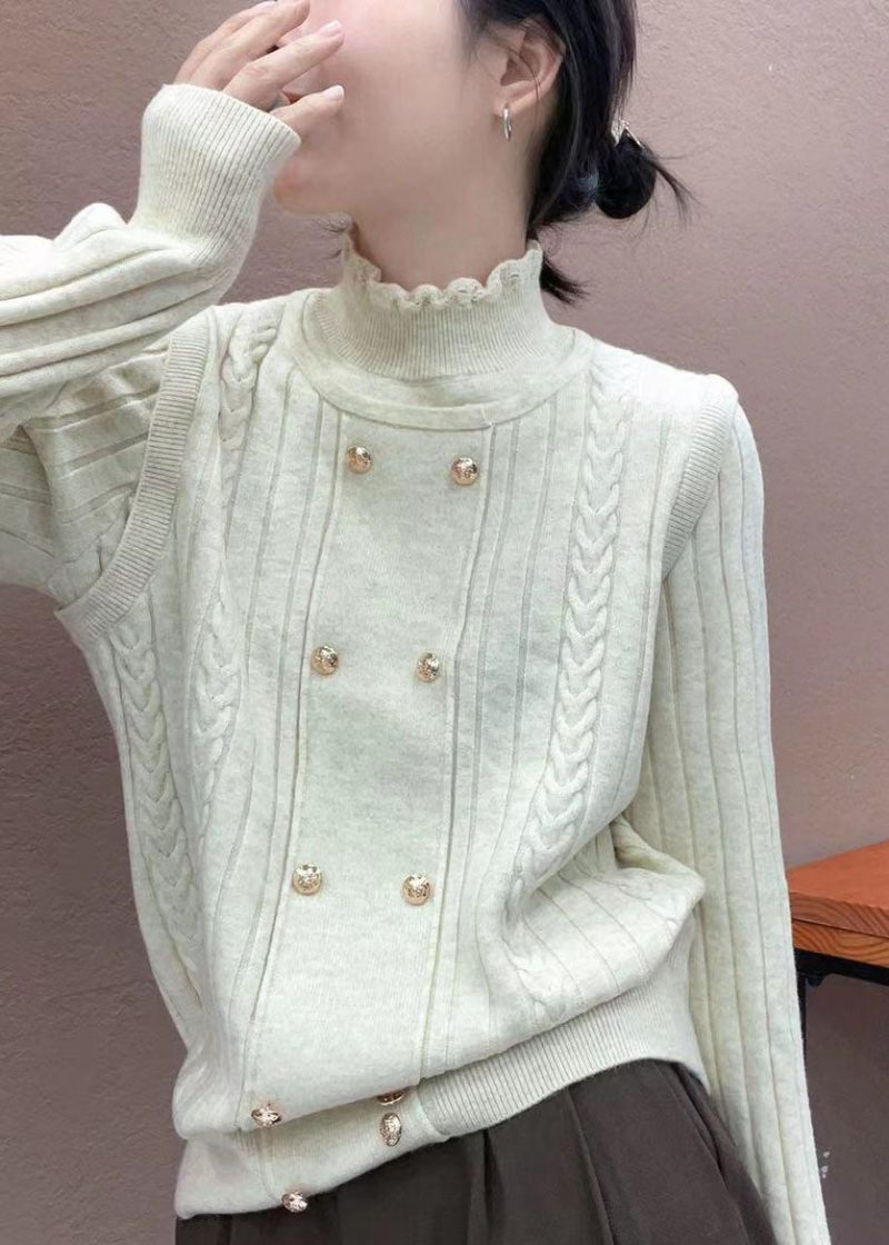 Italiensk Beige Ruffled False Two Piece Woolen Sweater Tops Fall